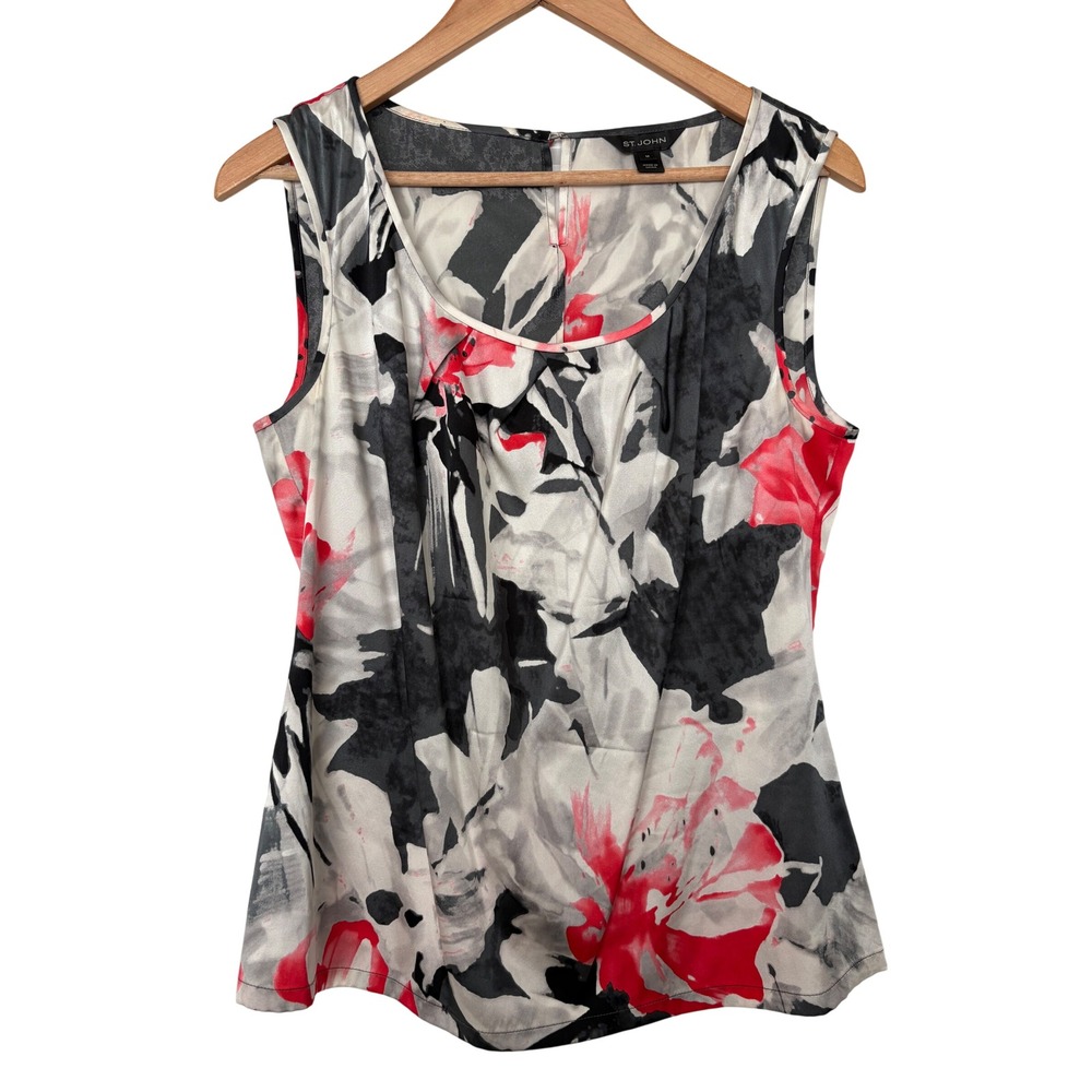 St. John Luxe Silk Blend Floral Sleeveless Blouse Artsy Abstract Print M